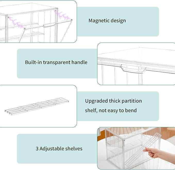 Attelite Acrylic Display Case for Collectibles 4 Tiers Clear Showcase,3Pcs | 3 Adjustable Dividers, Clear Acrylic Box for Figures, Tool-free Assembly,Magnetic Door, Dustproof,thicken plastic
