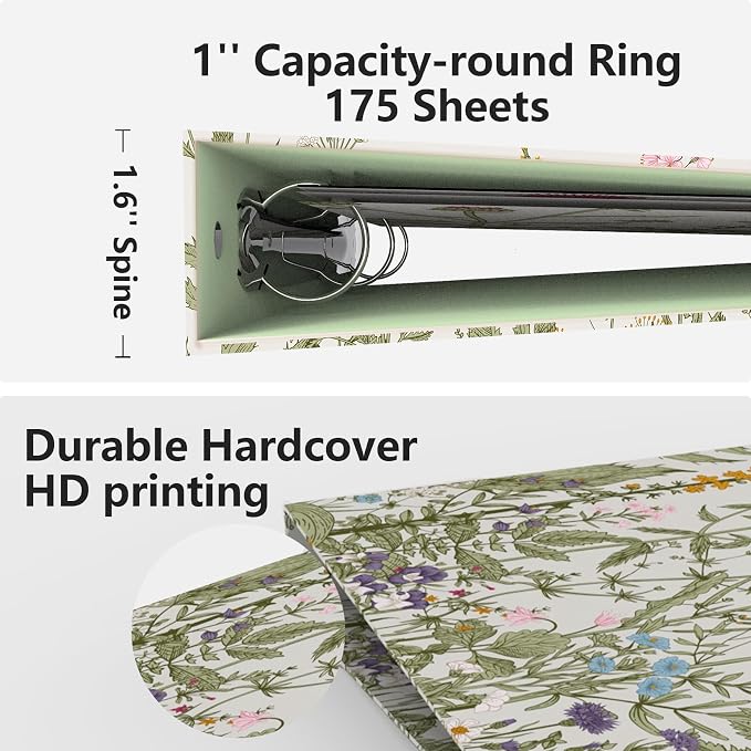 3 Ring Binder 1 Inch, Cute Decorative Hardcover Low Profile Clipboard with Storage, 1'' Round Ring Binders for Letter Size Paper, Durable Binder Organizer for School Office Supplies(Garden Flowers)