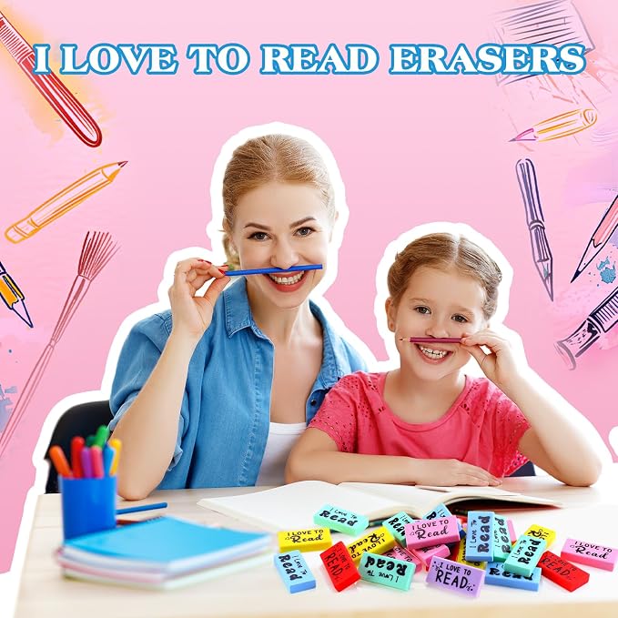 Dunzoom 300 Pcs Inspirational Erasers for Kids Back to School Gifts I Love to Read Small Colorful Pencil Erasers for Students Classroom Cute Motivational Gift for Drawing School Office Supplies