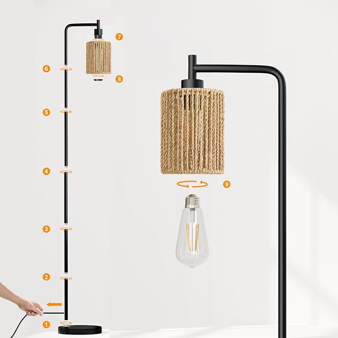 66" Black Floor Lamp for Living Room, Boho Floor Lamp with Remote Control and LED Bulb, Rattan Shade, Industrial Tall Farmhouse Standing Lamp for Bedroom, Dining Room, Study Room, Office