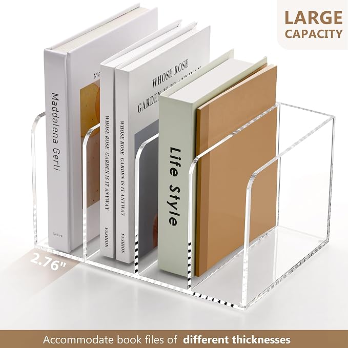 SANRUI Acrylic Desk Magazine File Holder, Clear,4 Vertical Compartments | Workspace Document Organizer Sorter for Documents, Tablet, Magazines, Books & Accessories