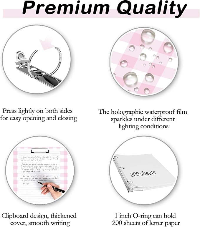 3 Ring Binder 1 inch with Clipboard - Pink & White Grid Design, Includes Dividers, File Bag & Spine Label - Ideal for Students and Professionals, Holographic Waterproof Film