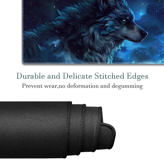 Extended Gaming Mouse Pad 31.5" x 11.8", with Edge Stitching, Non-Slip Rubber Base Keyboard Pad, Suitable for Work, Game, Office, Home and Coasters, Starry Sky Wolf
