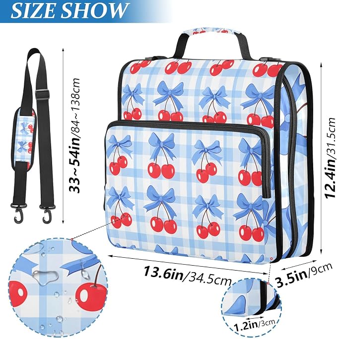 3 Ring Zipper Binder with Shoulder Strap Cherry Blue Bow 1.5 inch Binders Keeper Large Capacity Multi Pockets for School Office Supplies