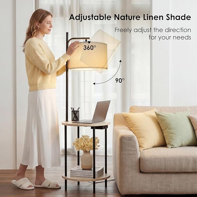 ONEWISH Floor Lamp with Table, USB/Type-C/AC Charging Ports, 9W LED Bulb, Round Table & Nightstand for Bedroom & Living Room (White)