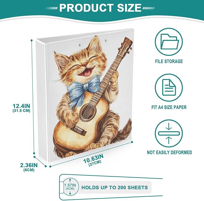 Guitar Player Cute Cat Binder 1.5 Inch Binder with Clipboard&Pockets, Music Kitty Cat Hardcover Binders 3 Ring Heavy Duty Large File Folder for Office School Supplies-Holds 200 Sheets, 2 Pack