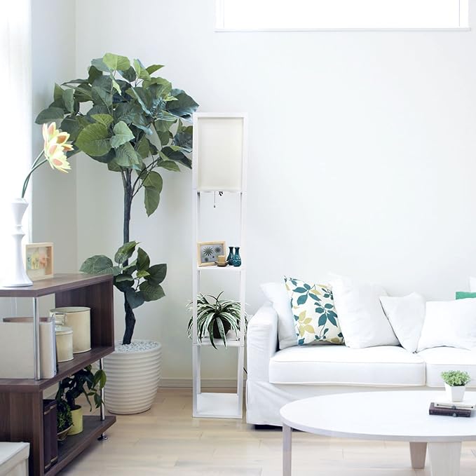 Simple Designs LF1014-WHT Etagere Organizer Storage Shelf Linen Shade Floor Lamp, White