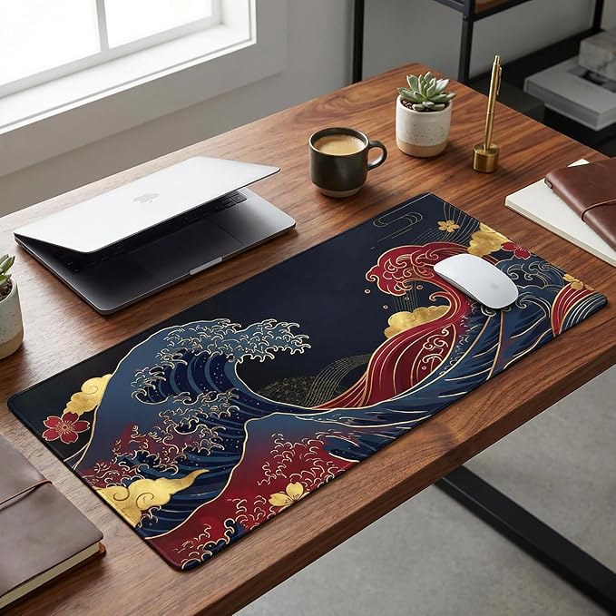Japanese Great Wave Mouse Pad XL-Extended Gaming Desk Mat (31.5 x 15.7 in) | Black and Gold Ukiyo-e Art Mousepad with Anti-Slip Rubber Base, Waterproof Keyboard Mat for Office, Home & Esports