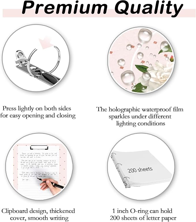 3 Ring Binder 1 inch with Clipboard - Soft Pink Floral Design, Includes Dividers, File Bag & Spine Label - Perfect for Students, Teachers, and Professionals, Holographic Waterproof Film