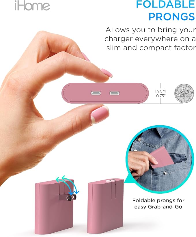 iHome Multiport 40W USB-C Charger, AC Pro 2-Port Flat Block, Dual Fast Charging Wall Adapter | Foldable Prongs, Fast Charging, 2.5x Faster, Charges iPhone, Android, iPad, AirPods, 2 USB-C Ports, Multiport Plug for Home