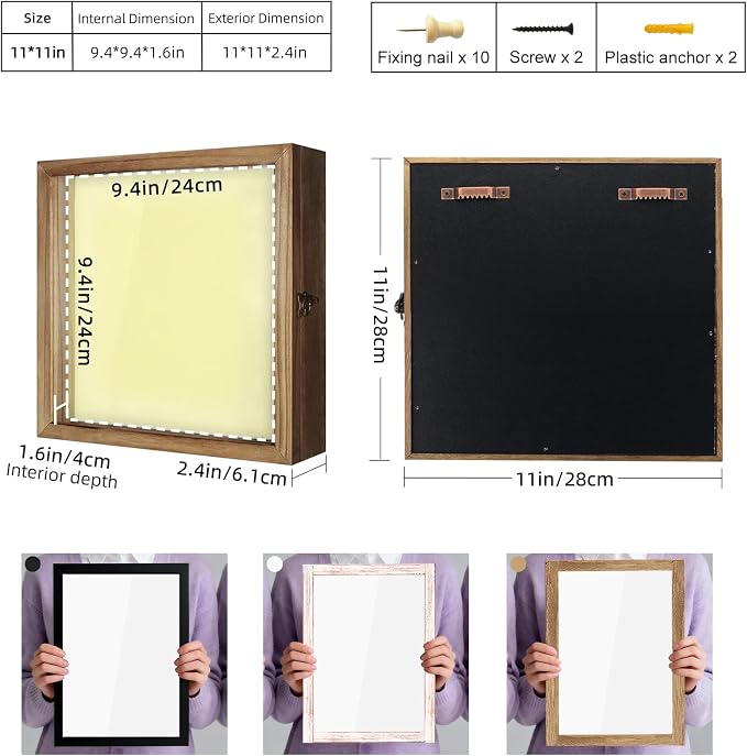 TJ.MOREE Shadow Box 11x11 Memory Display Case Wood Picture Frame Carbonized | Fits 9.4x9.4Inserts with Linen Back & Glass, Rustic Keepsake Box for Pet Memorabilia Gifts Wedding Bouquet Military Medals