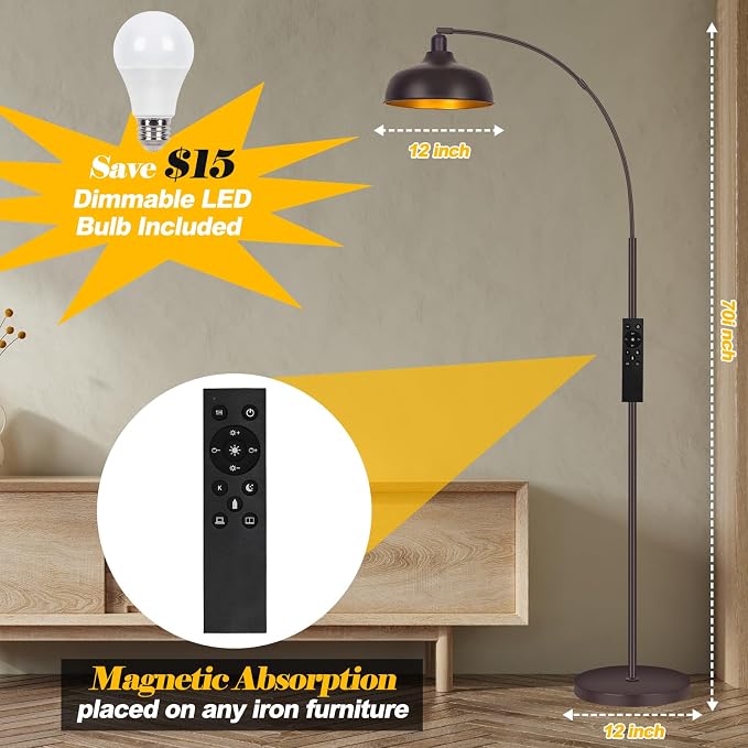 Arc Floor Lamps Bronze, Standing Lamps for Living Room Reading Lamps 70” | Arch Floor Lamp with Remote Control, Foot Switch, Metal Shade, Stepless Dimmable LED Bulb, Brown Floor Tall Lamp for Bedroom