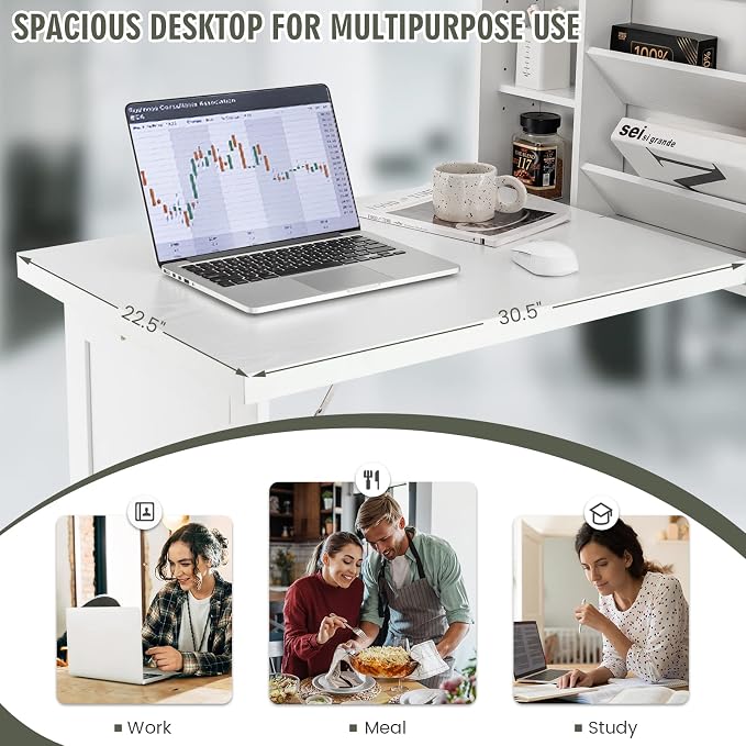 Nightcore Wall Mounted Table w/Classified Storage Space, Foldable Multiple-Purpose Desk, Sturdy Wood Structure, Floating Convertible Desk/Cabinet for Apartment, Narrow Place and Limited Room (White)