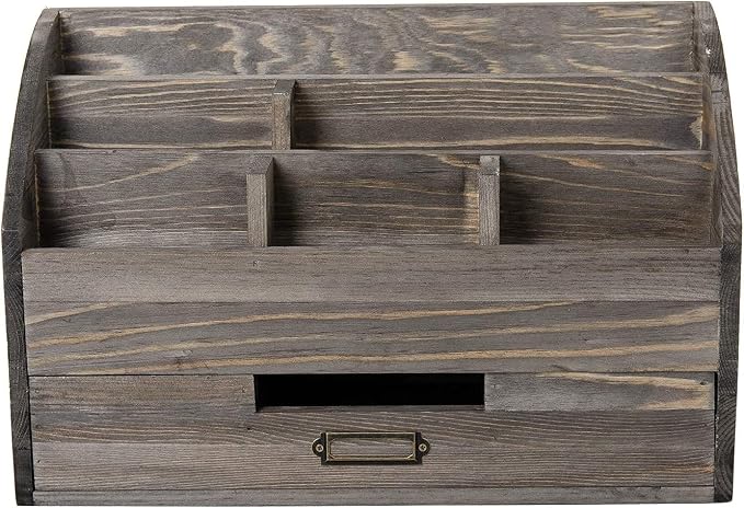 Rustic Wood Desk Organizer and Storage with Drawer and Pen Holder Bill Mail Organizer and Mail Holder for Countertop Kitchen Desk Decorative & Workspace Organizers(Rock Grey)