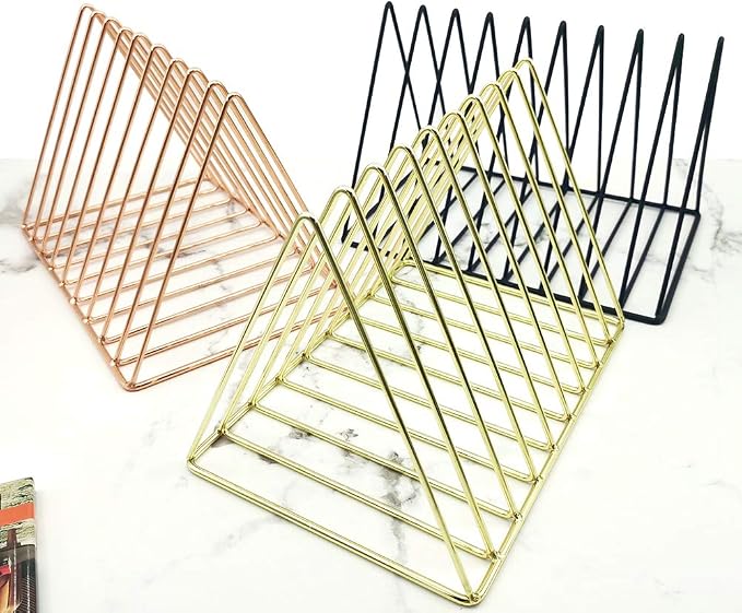 Gold File Holder Organizer, Triangle Record Album Holder Magazine Wire Rack, 9 Slot Multifunction Desktop Storage Decor for Home Office