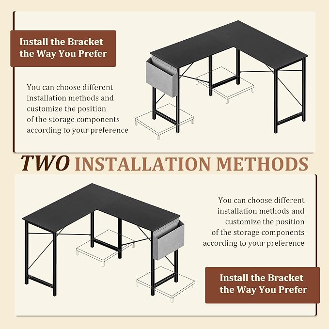 L Shaped Desk, 50 Inch Computer Desk Home Office Desk for Small Space Black | Gaming Table Corner Desk for Small Space with CPU Stand and Side Storage Bag, Sturdy Writing Workstation for Bedroom, Black
