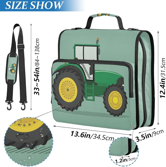 Fisyme Green Yellow Tractor Zipper Binder 3 Ring with Zipper and Shoulder Strap Large Capacity Multi-Pocket Binder Organizer