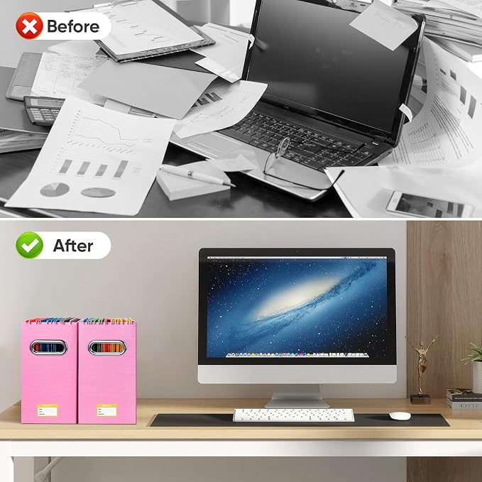 BALEINE 4PK File Organizer Box, Cardboard File Folder Organizer with Handle | Strong Corrugated Paper Core, Label Stickers for Identification, Hanging File Folder Organizer, Home Office Document Storage