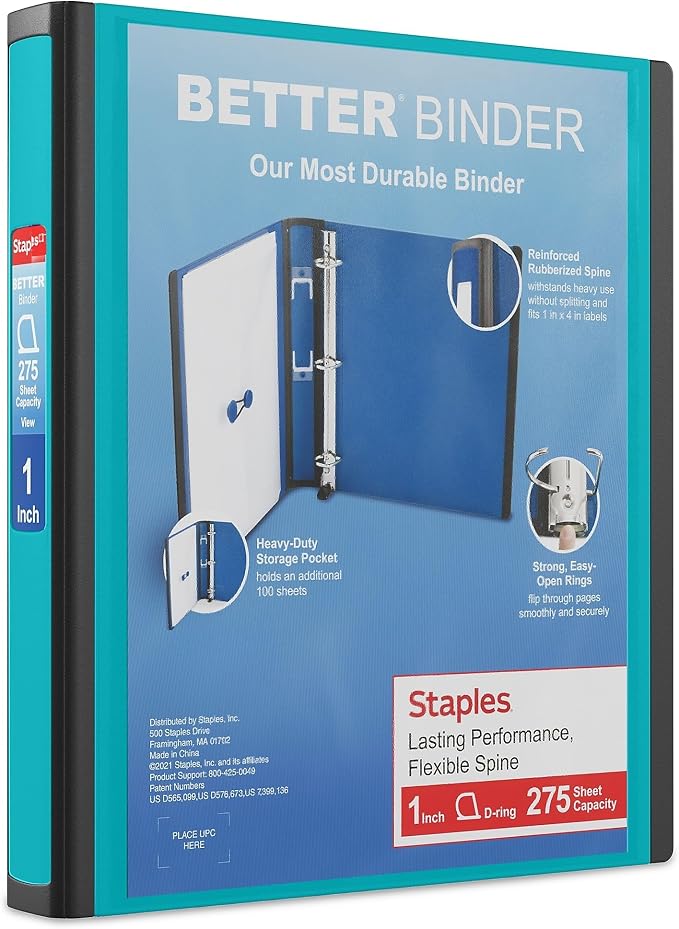 Staples Better Binder, 1-Inch 3-Ring View, Teal, 3-Pack | Durable binder for everyday organization in office, school, and home.