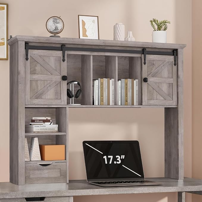 Large Desktop Bookshelf with Sliding Barn Door, 47.2''W Desk Shelf | Display Rack, Desktop Organizer Storage Rack with 7 Cubbies and Drawer, Home, Desk Shelf for Office, Dorm, Vanity, Oak