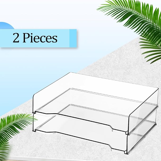 DoubleFill 2 Pcs Stackable Letter Tray Rectangular Plastic Desk Organizer 13 x 9.5 x 2.6 in Paper Holder File Tray Accessories Rack for Desktop Office Desk Drawers (Clear)