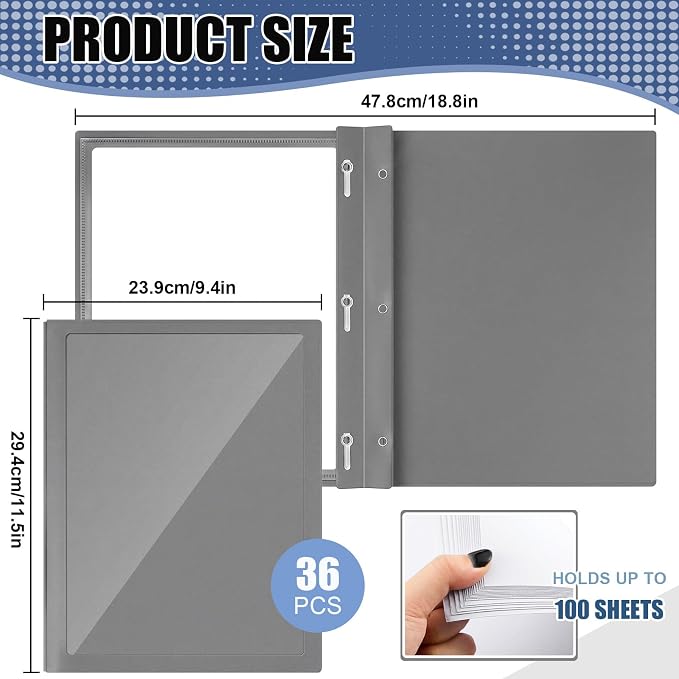 Teling 36 Pcs Report Covers with 3 Prong Fasteners Clear Front Presentation Folders Frame View Poly Report Folder Presentation Binder for Paper Document School Office (Dark Gray)