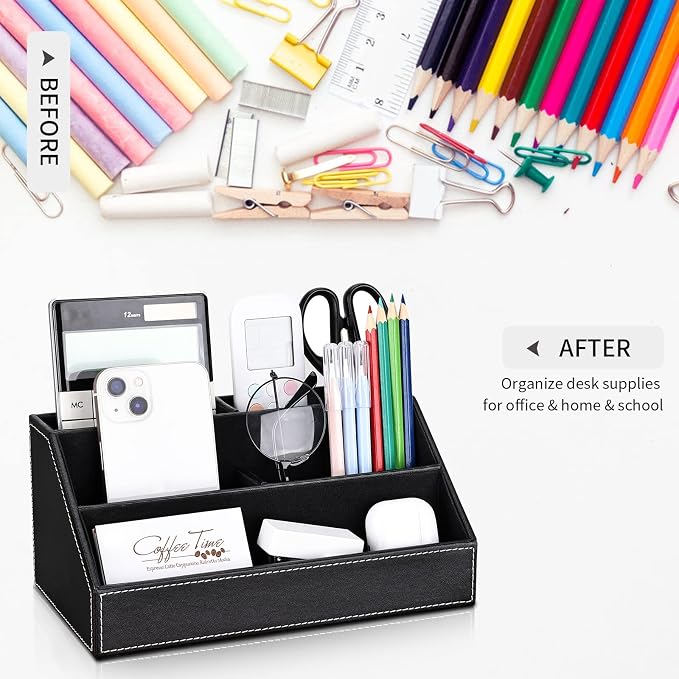 5PCS Desk Organizer and Accessories Set, Pu Leather Office Supplies with Multifunction Desktop Organizer Storage Box, Tissue Holder, Mouse Pad, Note Paper Holder, Pencil Holder for Desk Black