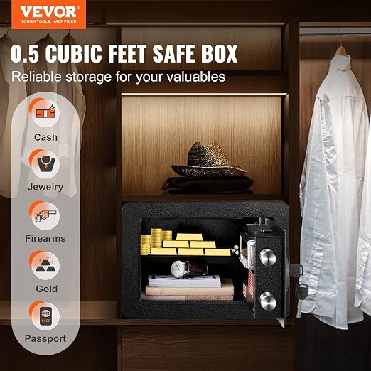 VEVOR Safe 0.5 Cubic Feet Steel Security Safe with Digital Keypad and 2 Keys, Wall-Mounted Cabinet Safe Protect Cash, Gold, Jewelry, Documents for Home, Hotel, 13.8 x 9.8 x 9.8 inches