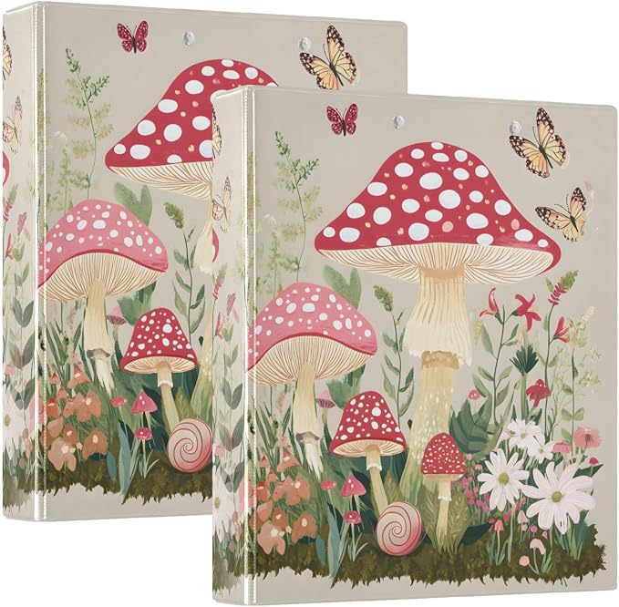 ALAZA 3 Ring Binder Doodle Mushrooms Butterflies Clipboard Round Ring Binder Holds 1.5 Inch Three Ring Binder Heavy Duty Ring Binders for Office Supplies, 1Pack