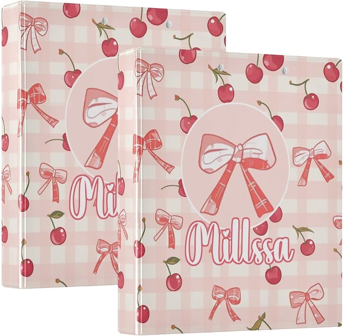 Cherry Bow 3 Ring Binder with Clipboard Round Ring Binders Check Pink Name Custom Binder 3 Interior Clear Pockets for Office Supplies 1 Pack