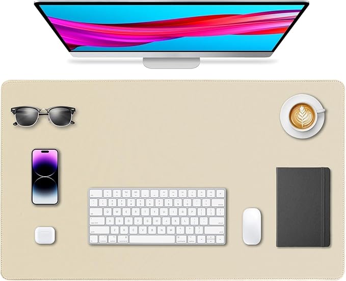 Leather Desk Pad Protector, Office Desk Mat, Large Mouse Pad, Non-Slip PU Leather Desk Blotter, Waterproof Computer Desk Writing Pad for Office and Home (Beige, 23.6" x 13.7")