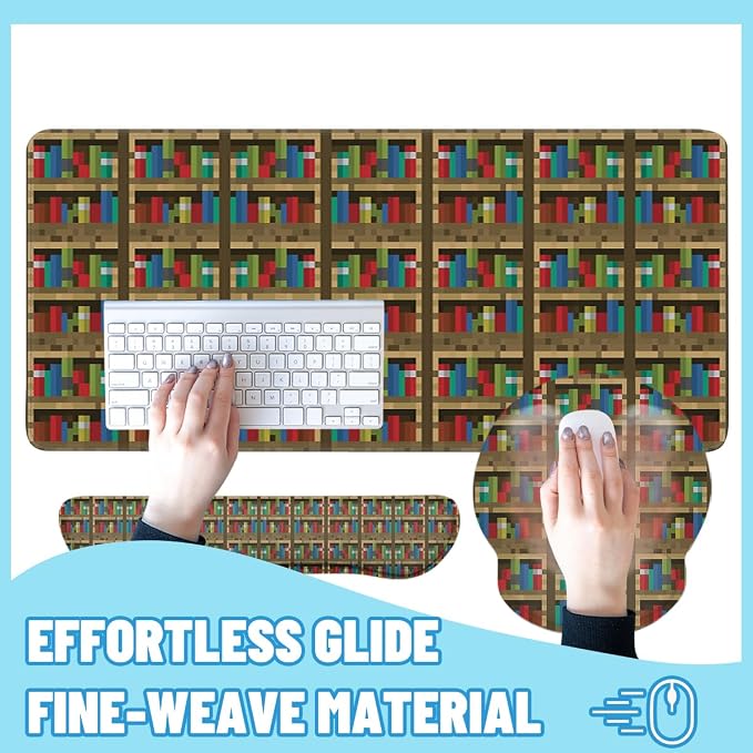 Bookshelf Mouse Pad Set Educational Bookcase Pixel Game Gaming Mousepad 4in1 Desk Mat for Desktop Wrist Support Cup Coaster Set Ergonomic Computer Desk Arm Wrist for Decor Home Office