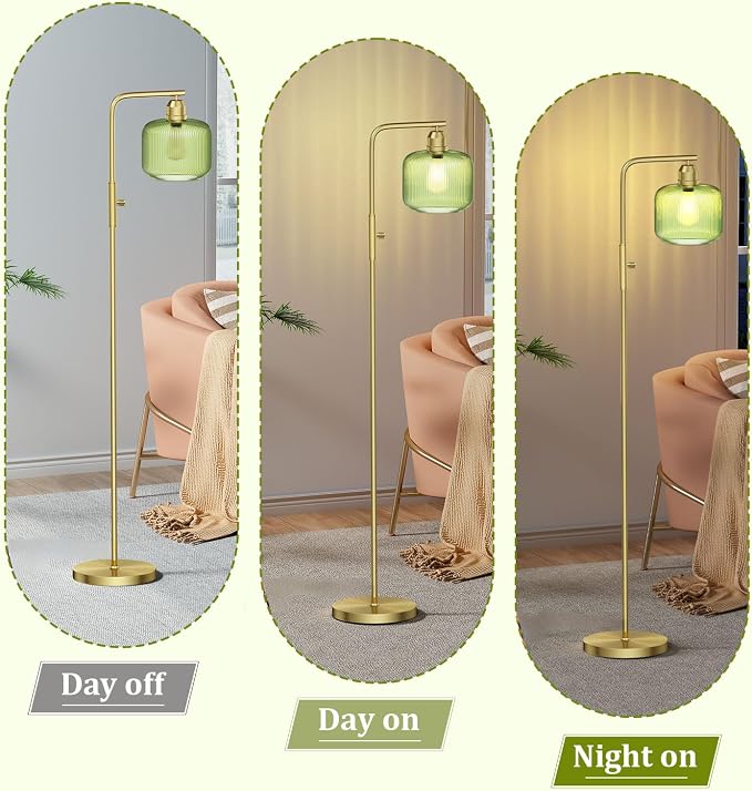 66" Dimmable Gold Standing Lamp with Green Ribbed Glass for Living Room | Vintage Floor Lamp with Brushed Gold, Stepless Rotary Switch and 3000K LED Bulb, Arc Floor Lamp for Bedroom & Study Room
