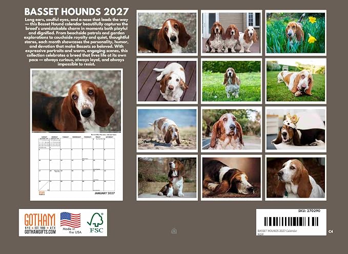 Basset Hound Calendar 2027 Monthly Wall Calender 12 Month
