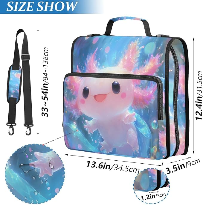 Shiny Axolotl 3 Ring Binder Bag 1.5 inch Binder Organizer with Zipper Shoulder Strap 500 Sheet Documents Storage for School Office