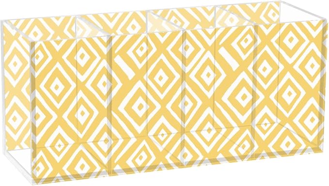 Yellow Geometric Figure Acrylic Printed Pen Holder 4 Compartments, Acrylic Plastic Pen Holder Cosmetic Brush Holder Desk Pen Holder Marker Organizer Square Acrylic Pen Holder 4 Compartments