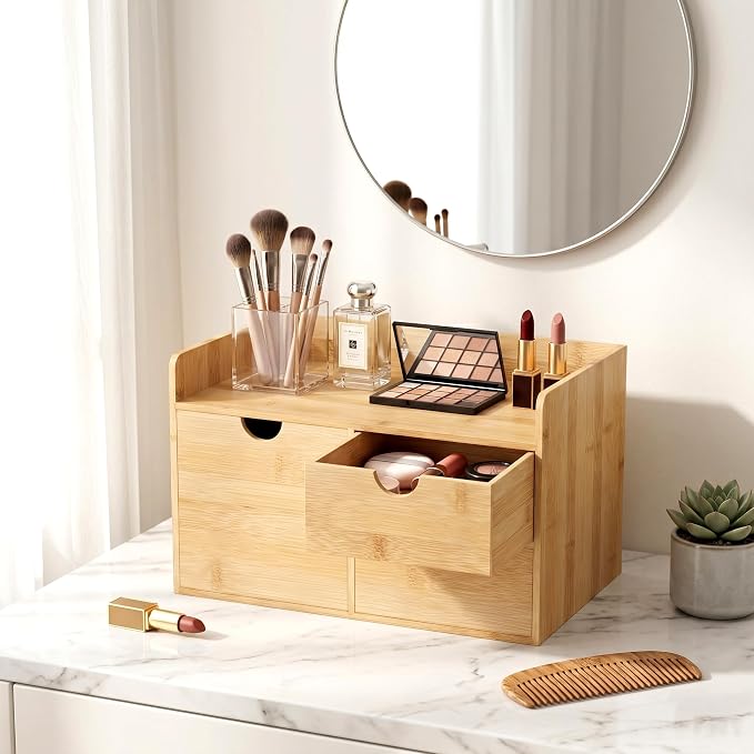 Bamboo Desk Organizer with Drawers, Desktop Storage Box for Office Supplies | 3 Drawers Desktop organizer, No Assembly Required, Natural Wood Wooden Desktop Drawers for Bills, Cosmetics, Seals, Paper