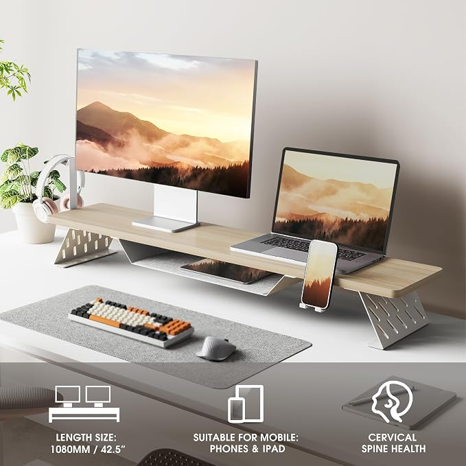 Fenge Dual Monitor Stand, Wooden Desk Shelf with Headphone & Phone Holder | 42.5" Monitor Riser with Storage Shelf, 2-Tier Monitor Shelf with Metal Leg for Home Office Organizer, Oak
