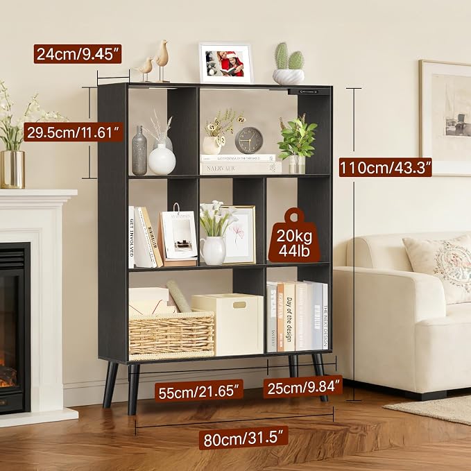 7-Cube Bookshelf with LED Lights, Touch & Remote Control, Freestanding Open Bookcase Storage Shelf, Dimmable Modern Wooden Display Organizer with Legs for Living Room, Bedroom, Office(Black)