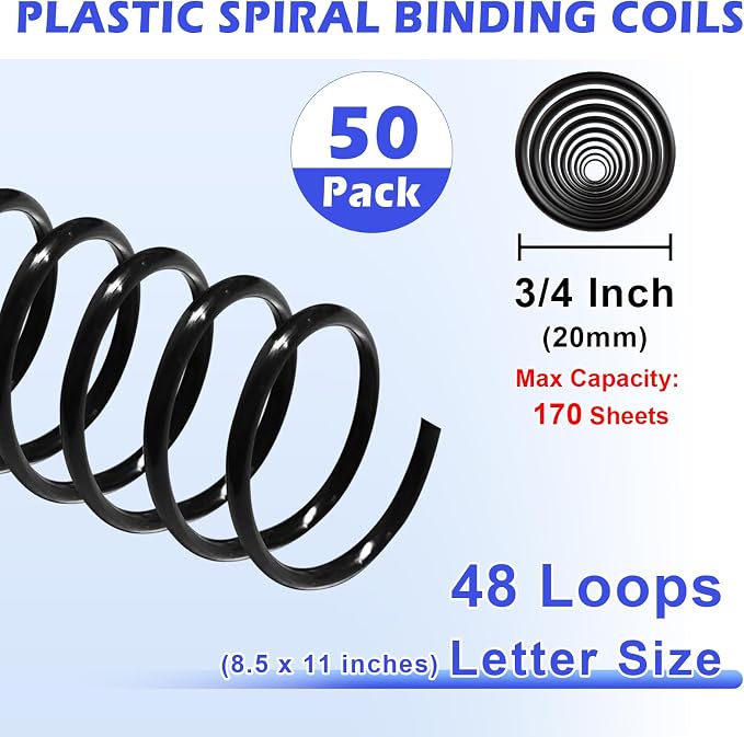 TOTiyea 50 Pack Spiral Binding Coils,20mm,4:1 Pitch 170 Sheet Capacity | Spiral binding coils,Black,can be used with letter size (8.5x11") or A4 size paper (8.3x11.7"),bound projects can lay flat