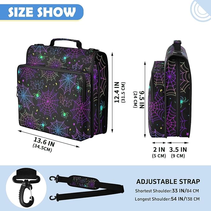 Goth Bat Spider Web Zipper Binder File Organizer Bag 3 D-Ring | with Shoulder Strap, Holds 500 Sheets & 14in Laptop, 3 Ring Binder for Office Supplies