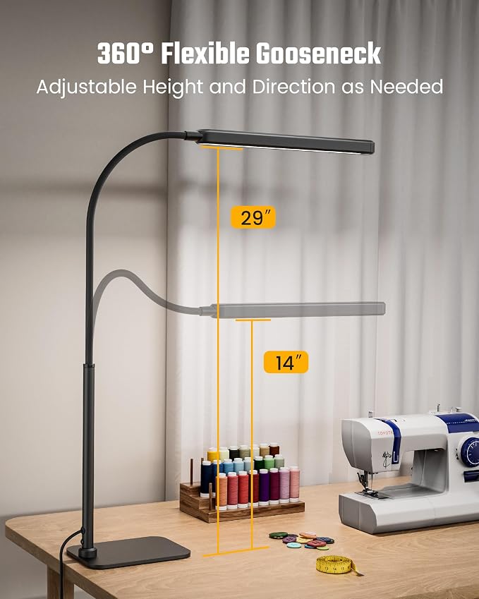 SUPERDANNY Eye-Caring LED Desk Lamp Work Lamp Office Lamp with Base | Black, Touch Control, 360° Flexible Gooseneck, 3 Modes Smooth Dimming, Memory Function, Adapter, Metal, for Home Office Dorm