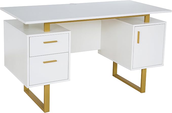 Techni Mobili 51"W Computer Desk w/ 2 Drawers & Storage Cabinet, White/Gold | Home office workstation, durable construction, everyday productivity, Ideal for home office, Workspace organization