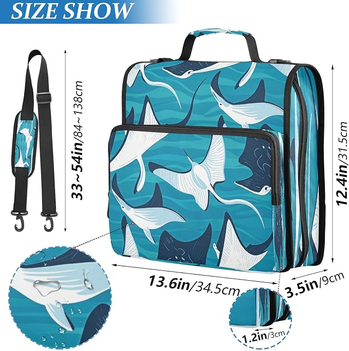Zipper Binder 3 Ring, 1.5 Inch D-Ring Stingray Fishes File Folder Organizer | Multi-pocket Storage; Expanding Pocket; Secure Travel Document Organizer; Ideal for Commuting, Travel, Office and School