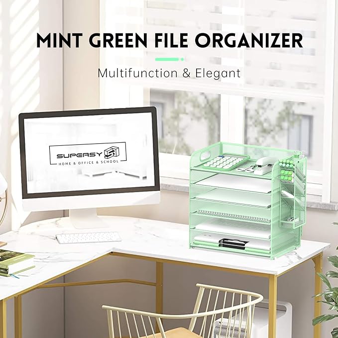 6 Tier Desk Organizer with 4 Pen Holders & Paper Trays Mint Green | 6 Tiers Paper Organizer, File Organizer Letter Tray with Handle for A4 Files, Folders, Mail and Office Supplies