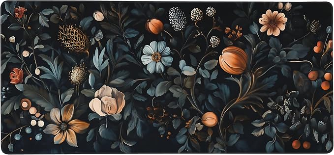 Floral Aesthetic Flower Bud Gaming Mouse Pad, Black Dark Botanical Desk Mat with Anti-Slip Base & Stitched Edges, Office & Home Desk Decor for Women, 35.4" x 15.7" in Computer Desktop Mat
