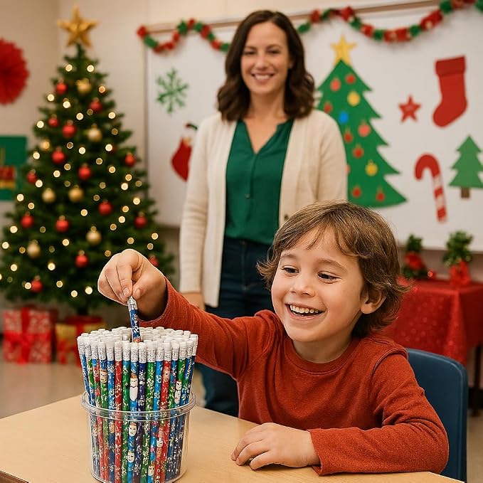 Anderson's Winter Fun Pencil Tub, 144‑Piece Assorted #2 Pencils, Cheerful Winter & Christmas Designs, Classroom Rewards for Kindness, Good Behavior, Academic Achievement, Holiday Parties, Festivals