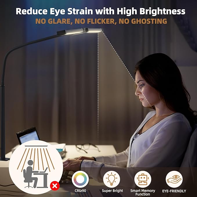 Motumen Led Desk Lamp for Home Office, Eye-Care Desk Light Clamp, Black | Smart Double Head Computer Monitor Table Clip Lamp, Adjustable Flexible Goose-Neck, 25 Lighting Models, Task Lamp
