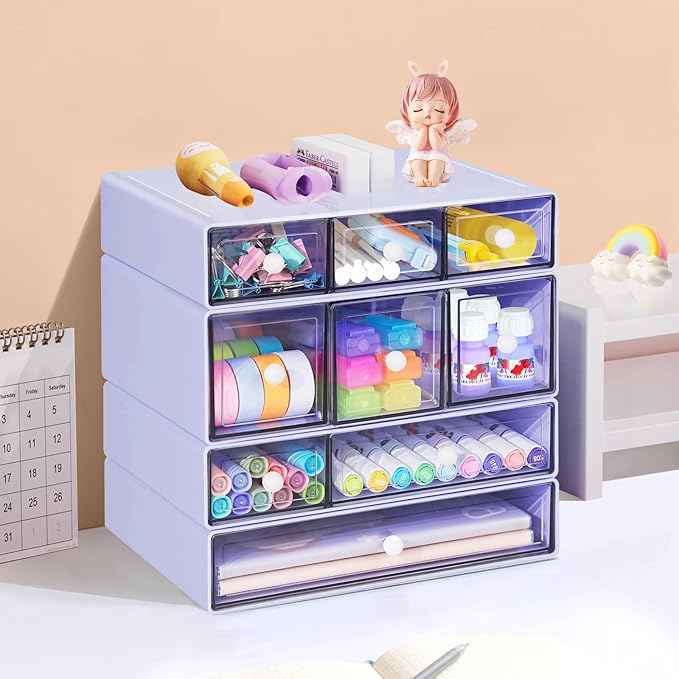 Desk Storage Organizer with 9 Drawers, 4 Tiers Stackable Desktop Craft Storage Drawers, Clear Storage Box Caddy for Stationary Makeup Jewelry Office Craft Supplies (Purple)