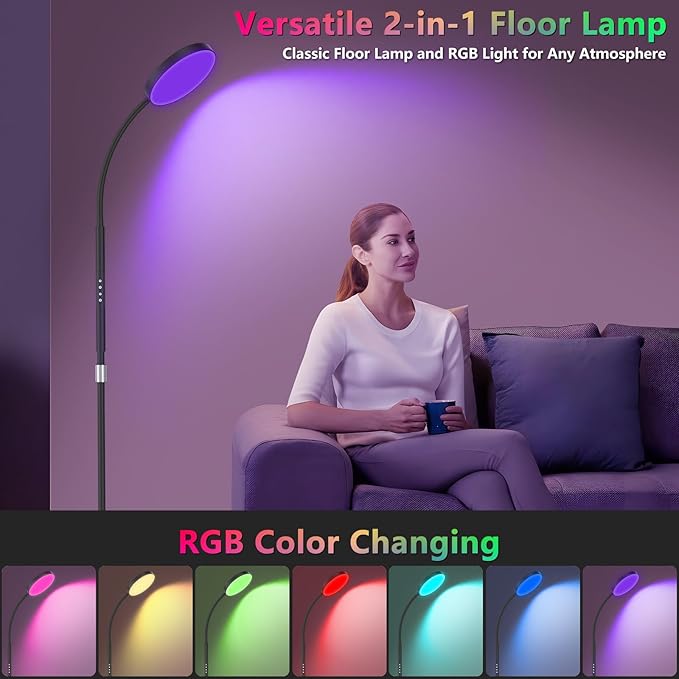 PACOVY Floor Lamp, Adjustable Height Floor Lamps for Living Room Bedroom, 120 LED Super Bright Standing Lamp Remote Control Dimmable Gooseneck Tall Stand Reading Lamp for Office Craft, Black-RGB
